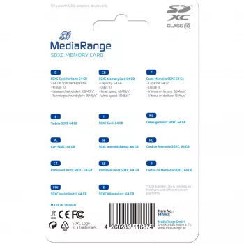 MediaRange - flashgeheugenkaart - 64GB - Class 10 - SDXC - blauw (MR965)