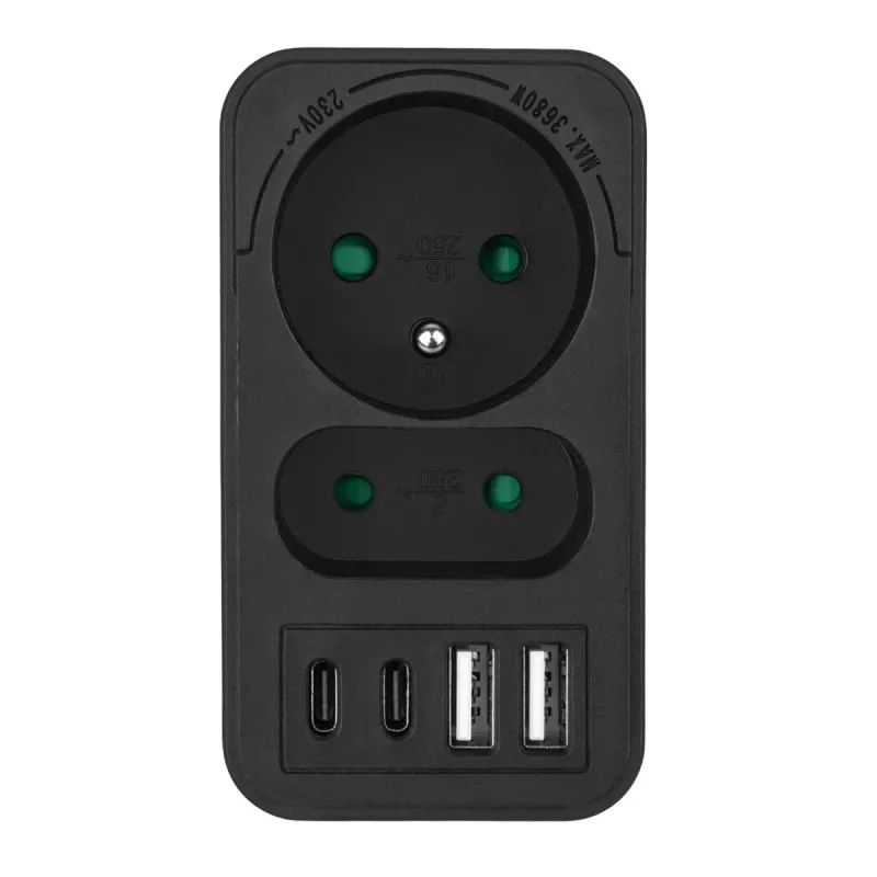 Power splitter MACLEAN MCE249 F/B – 2 AC-stopcontacten (16A + 6A) met 2×USB-A en 2×USB-C PD 20W, EU-stekker, zwart