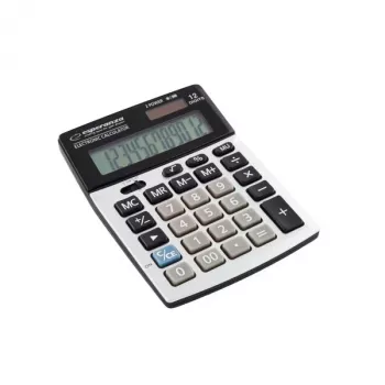 Desktop tafelrekenmachine ESPERANZA ECL102 — 12-cijferig, 1-regelig display, batterijgevoed, kantelbaar scherm, zwart/grijs
