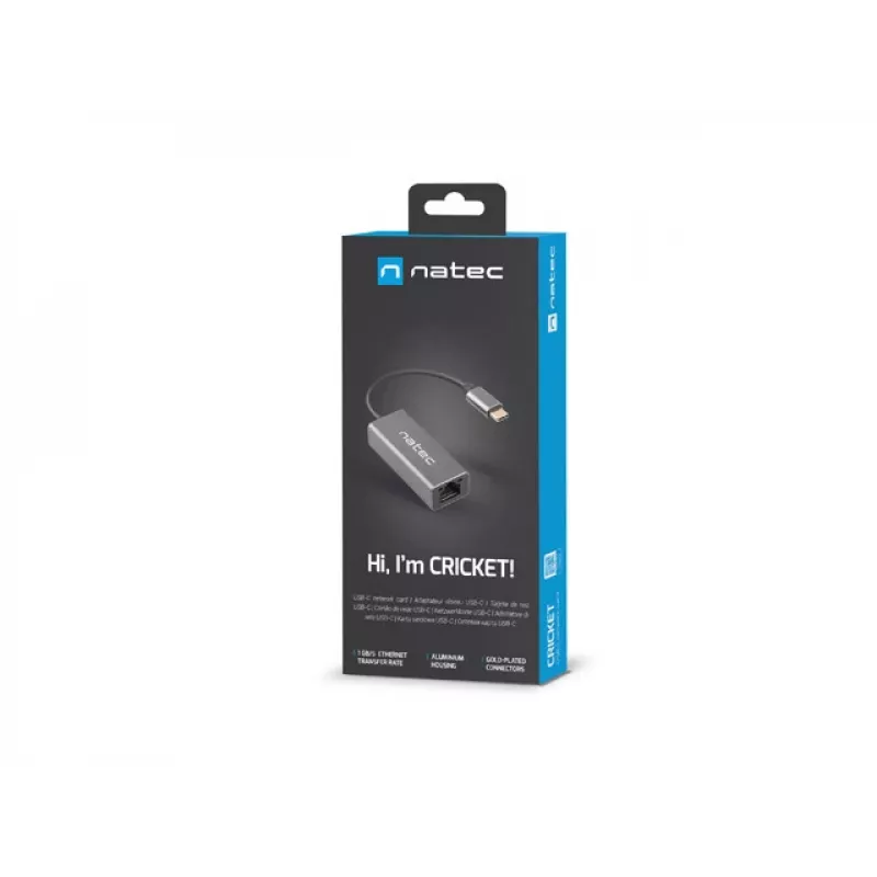 Natec Cricket NNC-1925 USB-C 3.1 Gen 1 naar RJ45 Ethernet-adapter, 1000 Mbit/s, kabel van 15 cm, aluminium, grijs