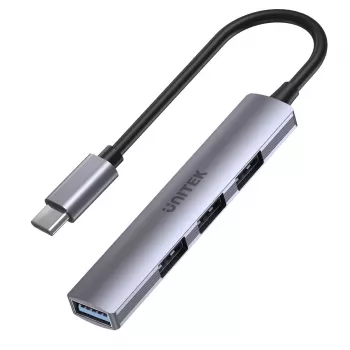 USB-C-hub Unitek H1208B — 1x USB-A 5 Gbit/s, 3x USB-A 2.0, USB-C-host, aluminium behuizing, 0,20 m kabel