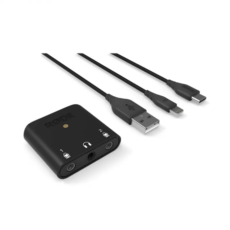RØDE AI-Micro mobiele audio-interface, 2x 3,5 mm TRS/TRRS-ingangen, 3,5 mm hoofdtelefoonuitgang, USB-C, zwart