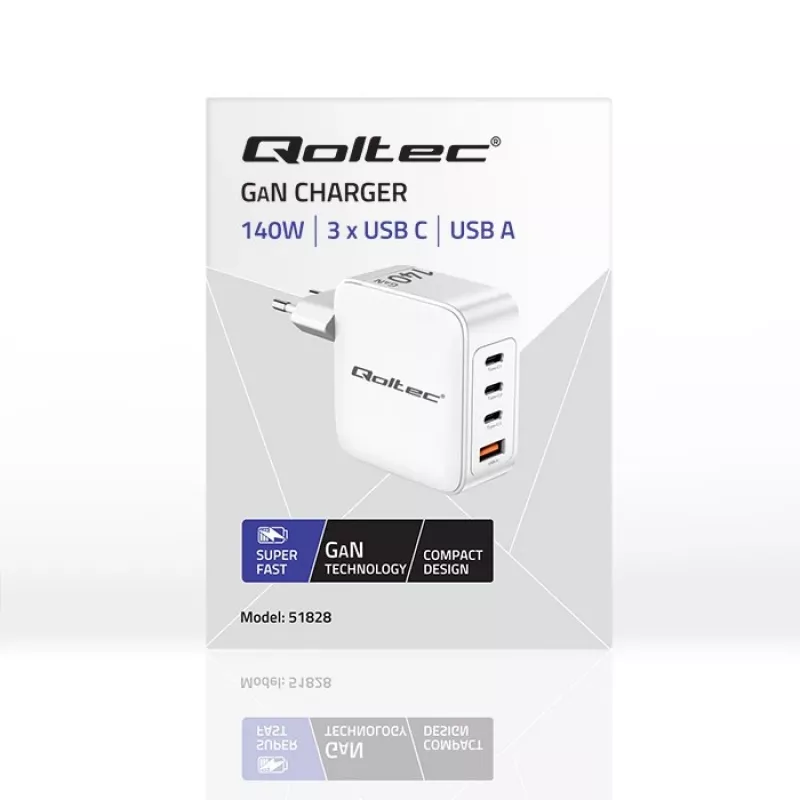 Oplader QOLTEC 51828 140W GaN 3×USB‑C PD + 1×USB‑A QC 3.0 – multiport-snellader