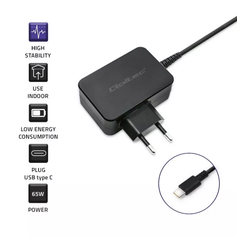 Mobiele oplader QOLTEC 51024 – universele AC-indoorlader, 65 W PD, 20 V/3,25 A, 1,2 m kabel, zwart