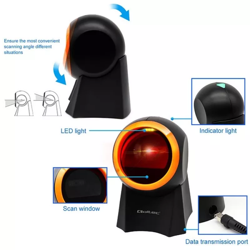 Qoltec 50857 bedrade desktop barcodescanner, 1D/2D, QR, USB, 1,75 m kabel