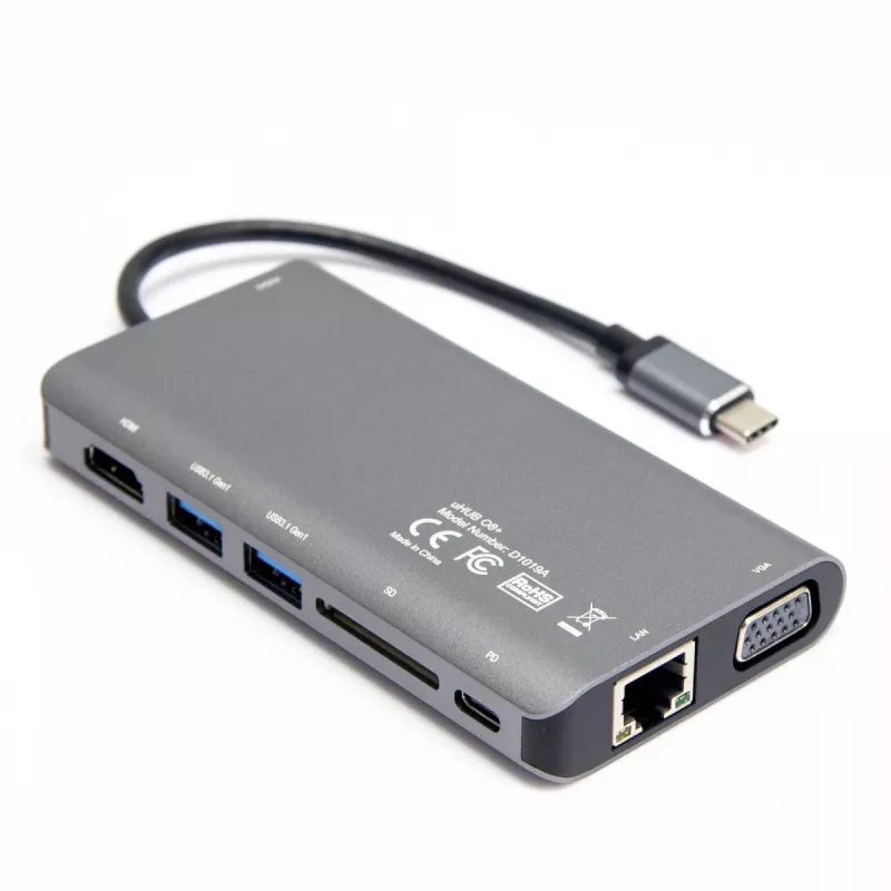 UNITEK uHUB O8+ bekabelde USB 3.2 Gen 1 Type-C hub, grijs, 100W Power Delivery