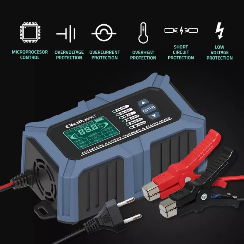 Qoltec Smart Microprocessor Acculader met accutester en 12V-reparatiefunctie | 6A | LCD | Acculader voor AGM LiFePO4 GEL accu