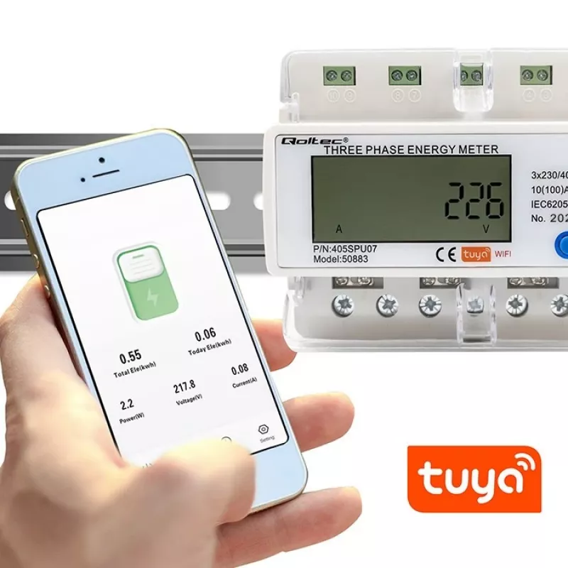 Driefasige energiemeter QOLTEC 50883 Wi‑Fi 400V met lcd-display