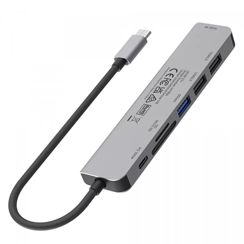 USB-C hub Unitek 7in1 aluminium PD 100W 5 Gbps — multiport-adapter met Power Delivery