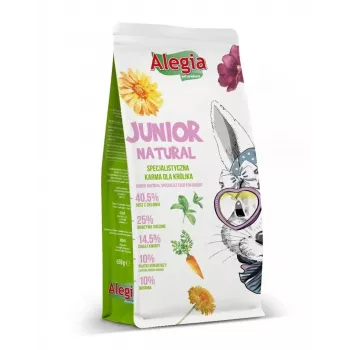 Pelletkonijnenvoer Alegia Junior Natural 650 g — volledig voer voor jonge konijnen, graanvrij, glutenvrij, sojavrij