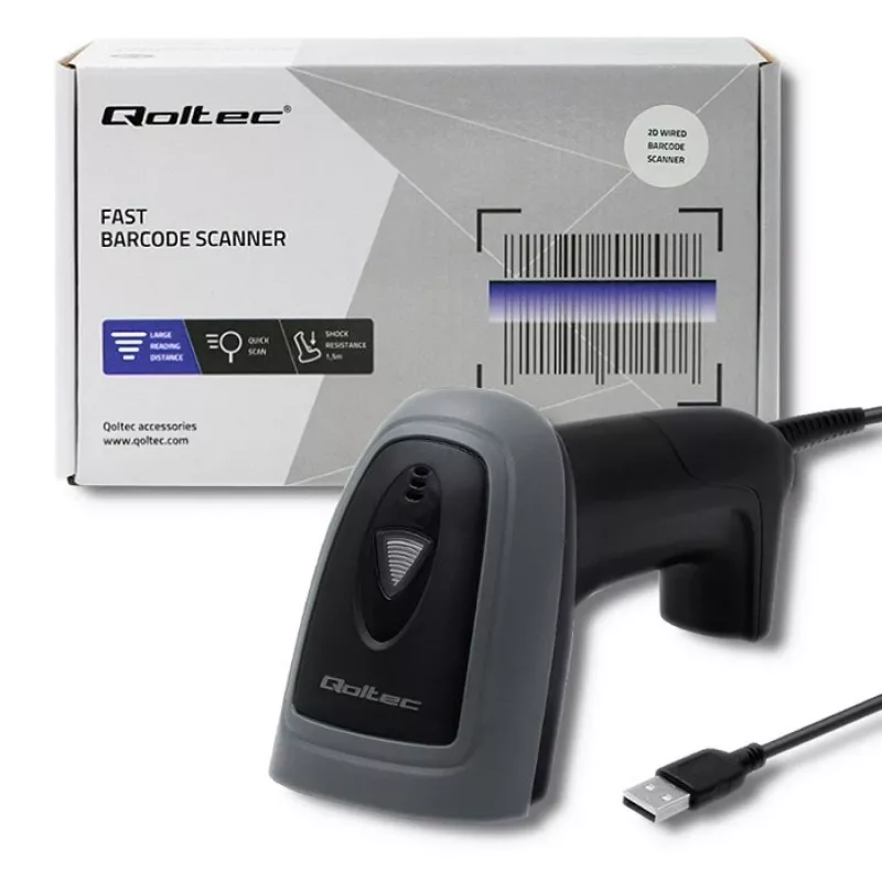 Handbarcodescanner QOLTEC 50863 — 1D/2D-scanner, USB bekabeld, LED-sensor, zwart, 5V, 1,8 m kabel