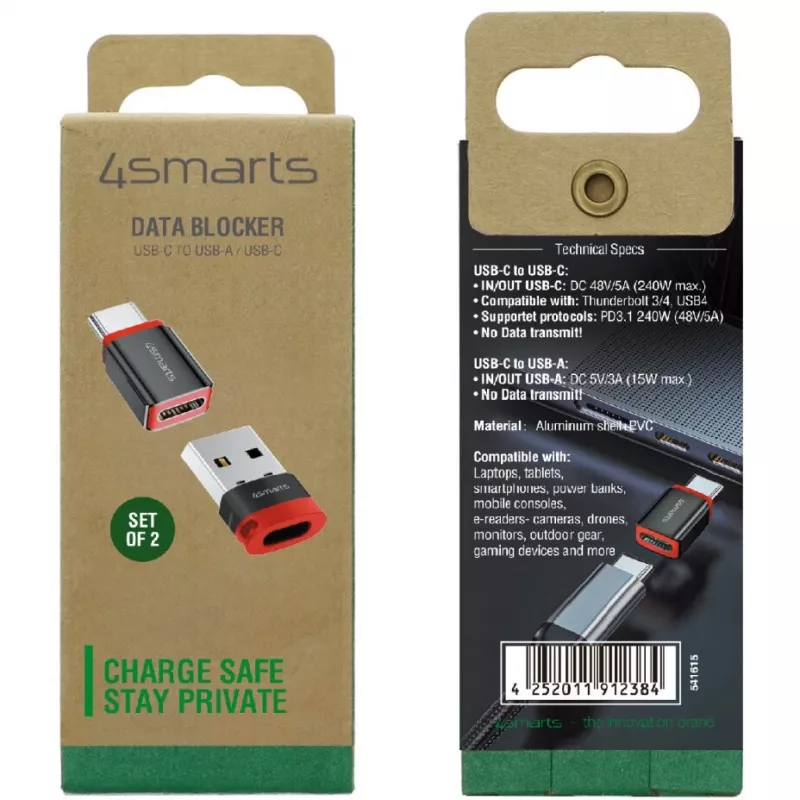 Interface-adapter 4smarts 541615 – USB Type-A (host) naar USB Type-C (uitgang), zwart, rechte stekker-naar-bus, 2-pack