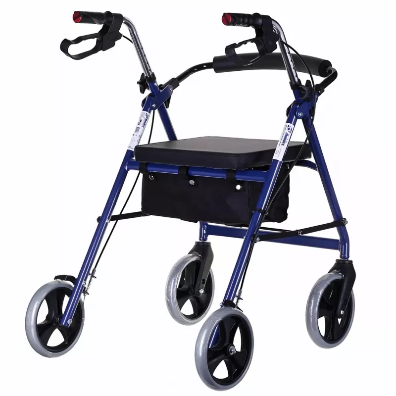 Rollator met vier wielen en zitting, blauw/zwart