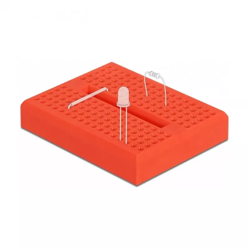 Breadboard DELOCK 18318 – soldeervrij kunststof prototypeboard, 36 × 46 × 10 mm, rood