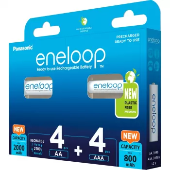 Oplaadbare batterijen Panasonic Eneloop AA 2000 mAh (4 stuks) en AAA 800 mAh (4 stuks), Ni‑MH, 1,2 V, 8 stuks