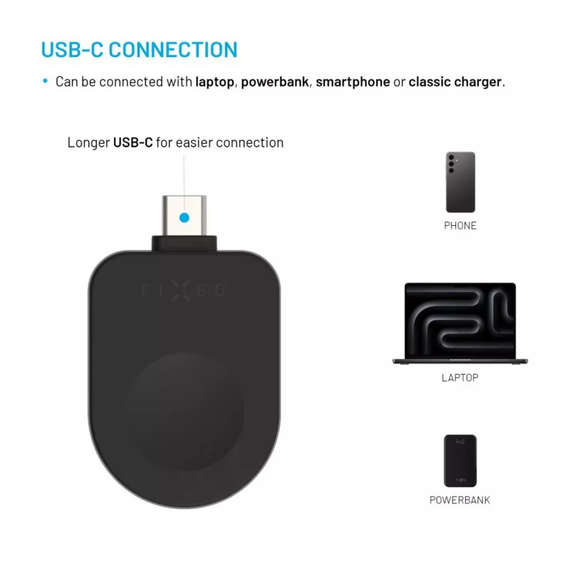 Vaste USB-C-laadadapter FIXED FIXDW-AWAP-BK voor Apple Watch Powerstation Uni, compacte vervanging