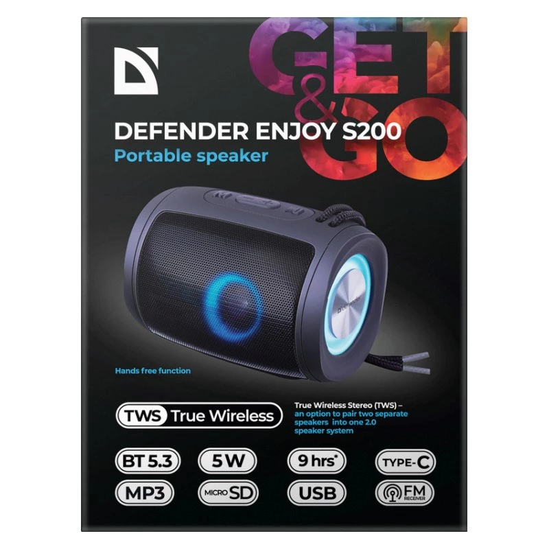 DEFENDER Enjoy S200 65200 draagbare Bluetooth-luidspreker, TWS, 5 W, LED-licht, FM, microSD, accu van 10 uur, zwart