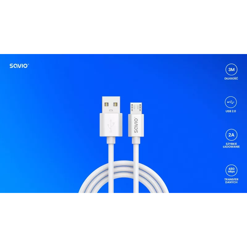 Savio USB 2.0 USB A - Micro USB wit CL-167 3 m kabel