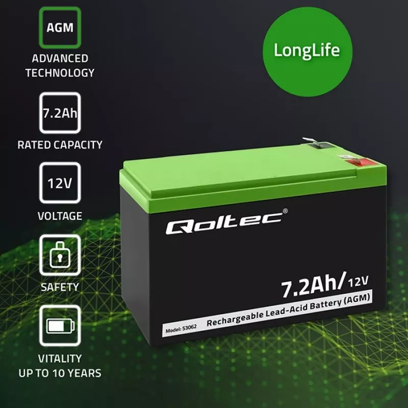 Qoltec 53062 AGM-accu | 12V | 7,2 Ah | max 108A