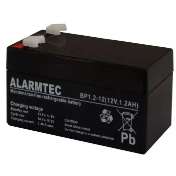 Verzegelde VRLA AGM-accu Alarmtec EMU Electronic BP 1.2-12 — 12 V, 1,2 Ah, 43×59 mm, 570 g