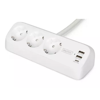 Meervoudig stopcontact DIGITUS 3-voudig met 2×USB-A en 1×USB-C, 3 AC-stopcontacten type E/F, 1,5 m kabel, wit