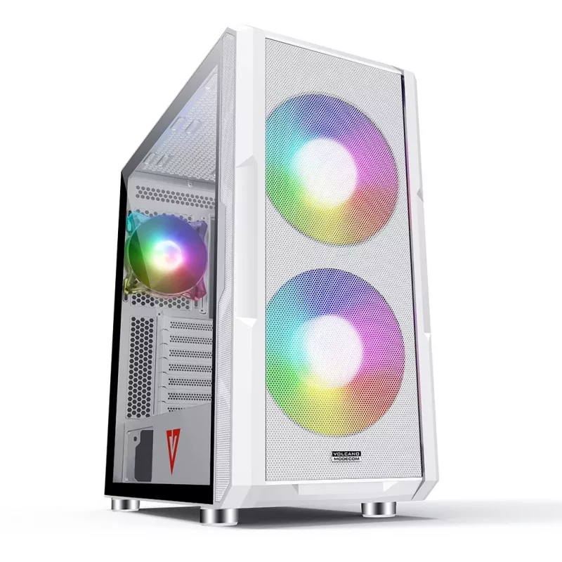 PC-behuizing MODECOM AMIRANI ARGB Midi Tower wit — ATX/ITX, 35 cm GPU, 16,5 cm CPU-koeler, 2x 200 mm ventilatoren