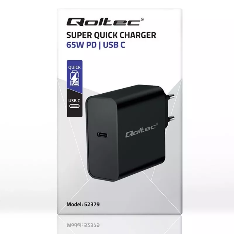 Oplader QOLTEC Super Quick PD 65W USB‑C Power Delivery 5–20V, 1x USB‑C, USB PD 3.0, Type-C-stekker, 65 W