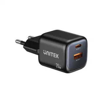 Wandlader Unitek P1128ABK01-EU – 2-poorts GaN USB‑C & USB‑A, totaal 20W, zwart