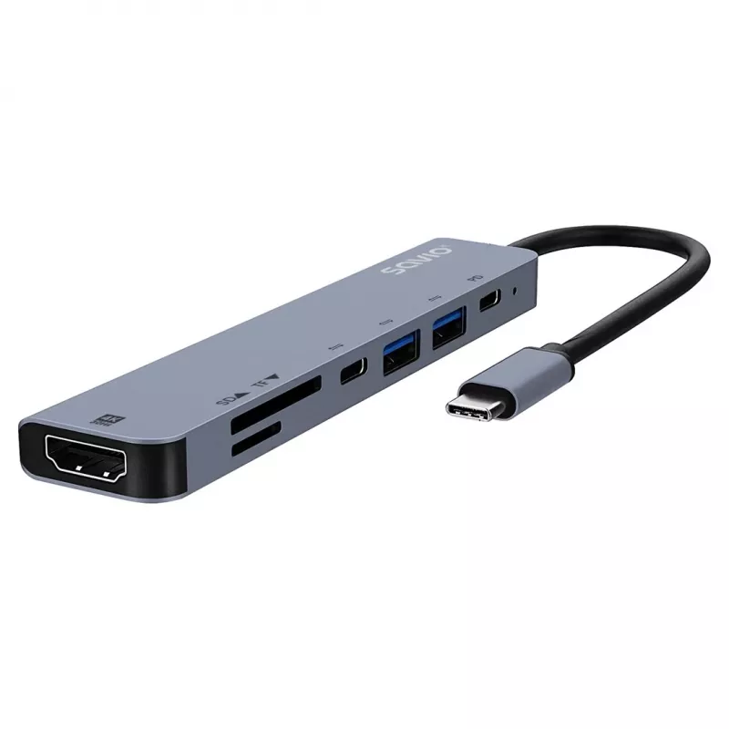 USB Type-C hub SAVIO AK-82 met HDMI, MicroSD, USB 3.2 Gen1, PD-doorgang, 4K@30Hz, 5000 Mbit/s, zwart