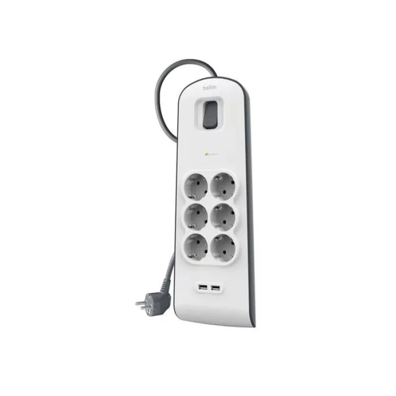 Stekkerdoos Belkin BSV604VF2M-V2 — 6 stopcontacten, 2× USB-A, 2 m snoer