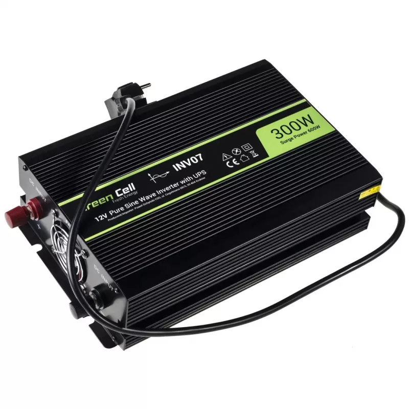 Spanningsomvormer Green Cell INV07, DC 12 V naar AC 230 V, 300 W, 50 Hz, Type-C-stekker, zwart