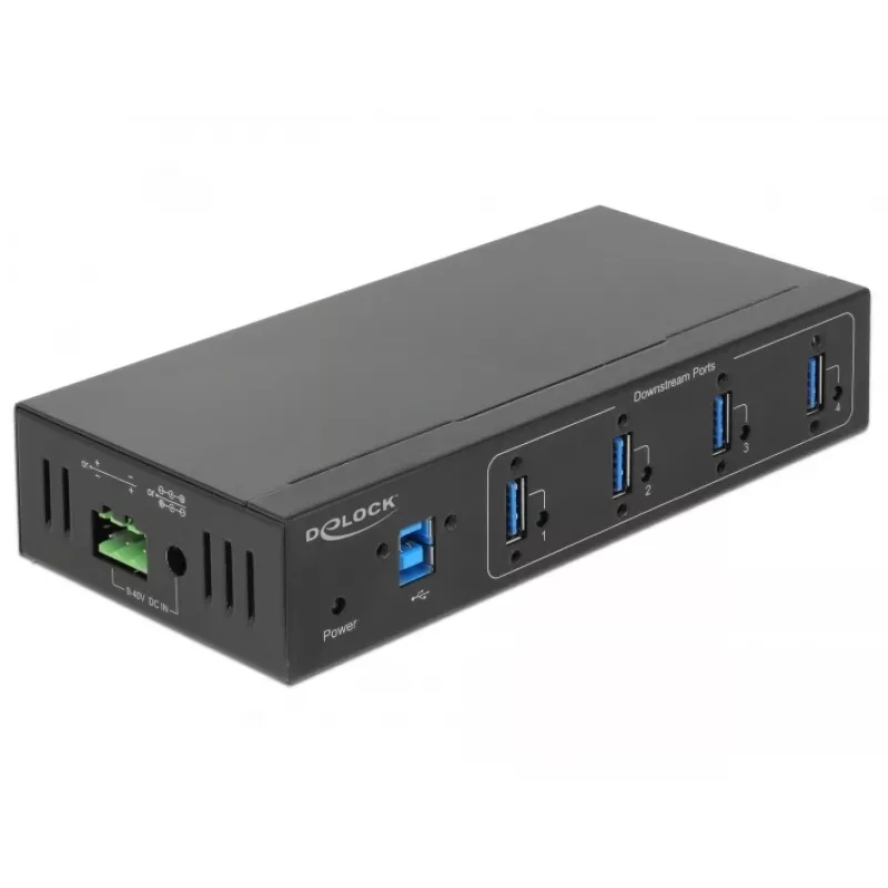 Delock 63309 externe industriële USB-hub, 4 x USB 3.0 Type-A, 15 kV ESD-bescherming, metalen behuizing, wandmontage mogelijk