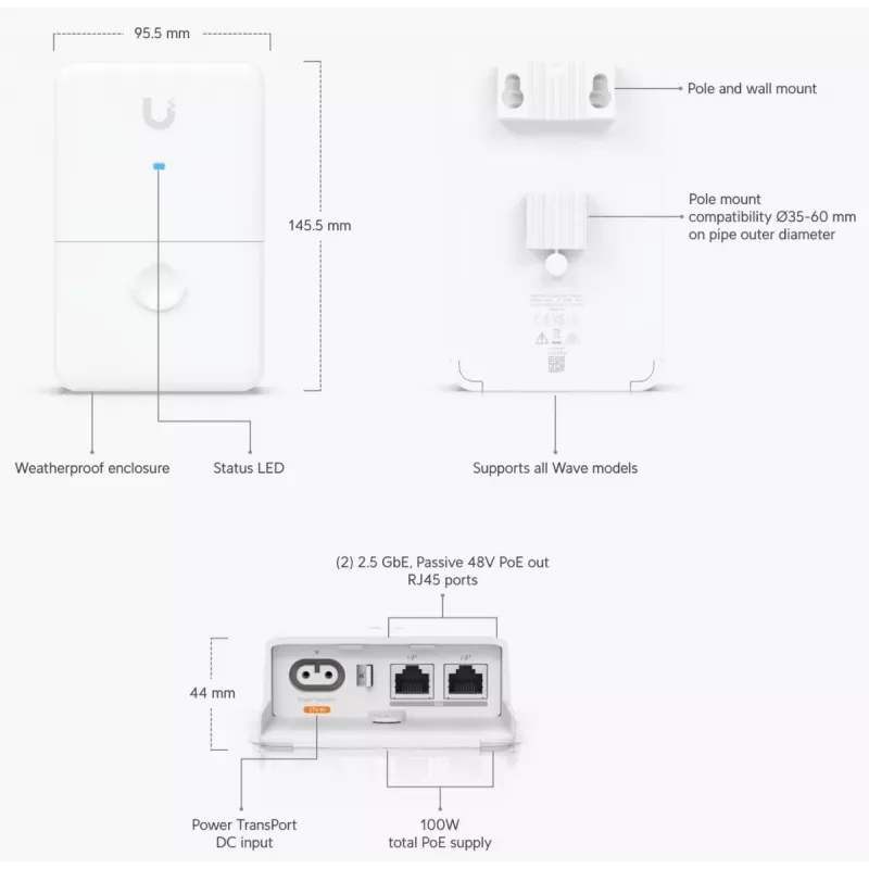 Ubiquiti UISP dual-power injector 2,5 Gigabit Ethernet 48 V