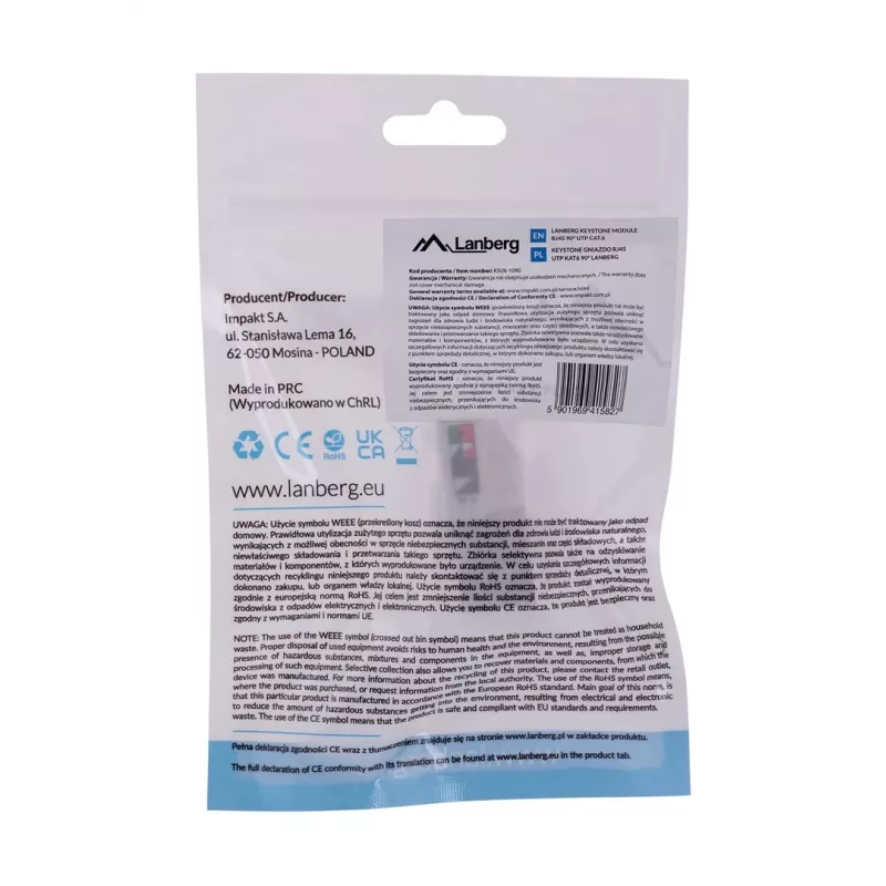 Keystone-module LANBERG KSU6-1090, Cat6 U/UTP plat, RJ-45 stekker naar LSA-bus, AWG 22/26, 14.5×16.1 mm, wit