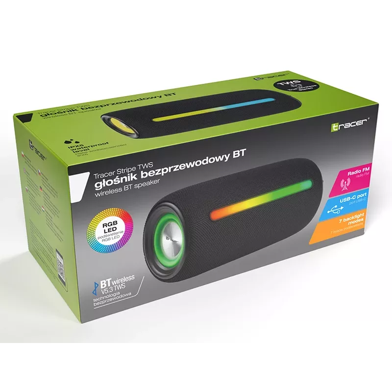 Draagbare stereoluidspreker TRACER Stripe zwart — 10 W RMS, Bluetooth/bedraad, USB-A & USB-C, MicroSD, ingebouwde accu (tot 5 uur)
