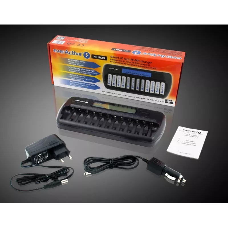 Batterijlader everActive NC-1200 – universele 12-voudige lader voor AA/AAA, 12 V ingang, zwart
