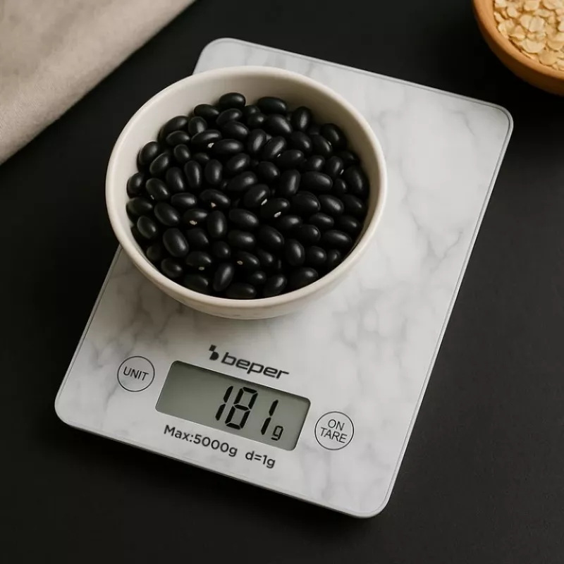 Keukenweegschaal Beper P102BIL004 - digitaal, 5 kg, 1 g, wit marmer