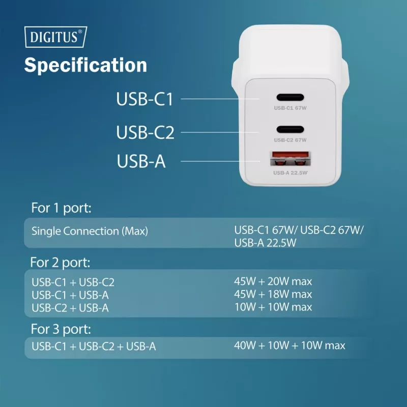 Wandoplader DIGITUS DA-10303 67W GaN, 2× USB-C + 1× USB-A, 100–240V, wit