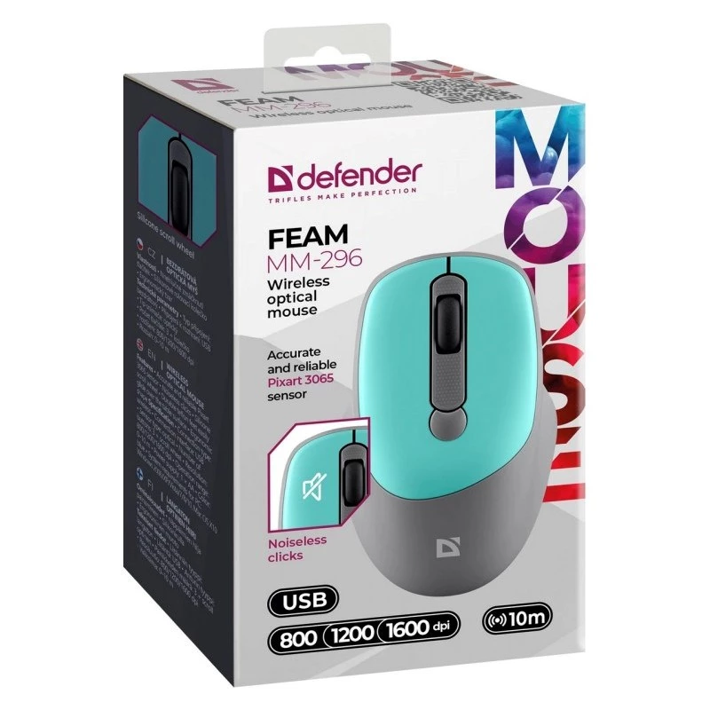 Defender Feam MM-296 52294 draadloze muis, stille klik, optisch, 1600 DPI, USB, mint