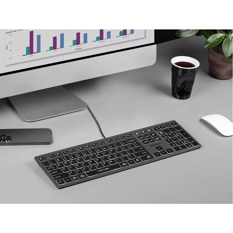 Bekabeld A4Tech-toetsenbord FX60H USB QWERTY – Full-Size 100%, achtergrondverlichting wit, grijs, USB-hub