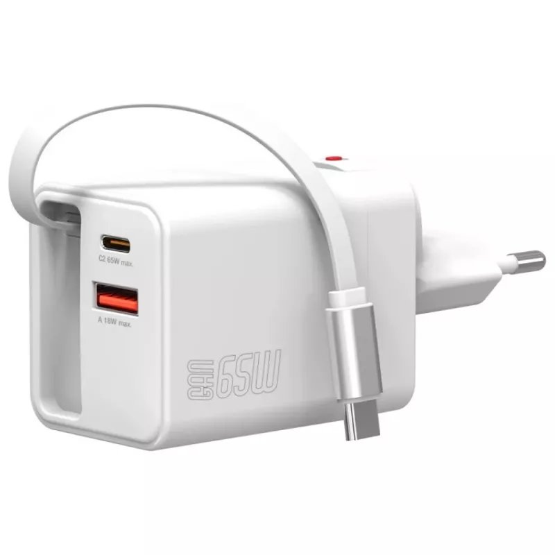 4smarts 541065 GaN Flex Jojo 65W wandlader, 2x USB-C PD + USB-A QC 3.0, intrekbare USB-C-kabel, 100-240V, wit