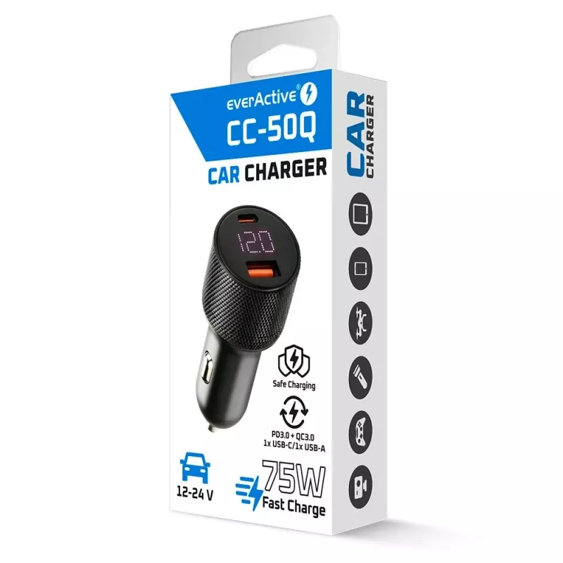 Auto-oplader everActive CC-50Q QC3.0 75W met Quick Charge 3.0-ondersteuning en USB-aansluitingen