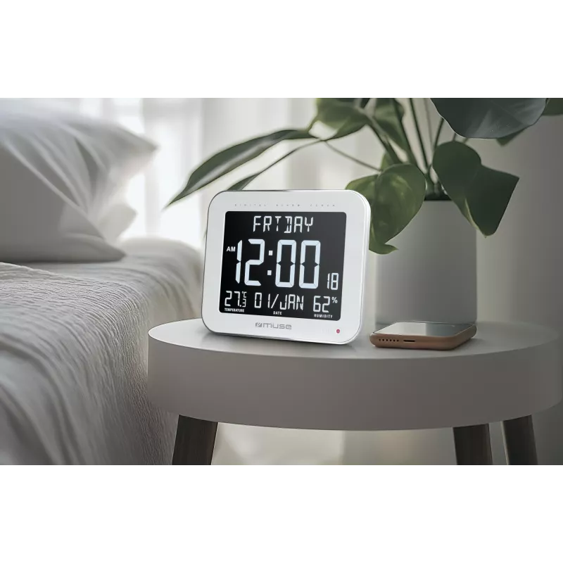 Muse M-090 WMC digitale wand-/tafelklok met alarm, groot lcd-scherm met automatische achtergrondverlichting, binnentemperatuur en luchtvochtigheid, kalender, rechthoekig, wit