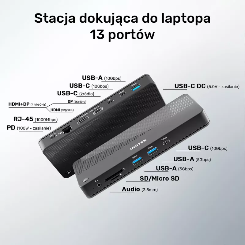 Dockingstation UNITEK D1079A USB4 bedraad zwart 100W Power Delivery