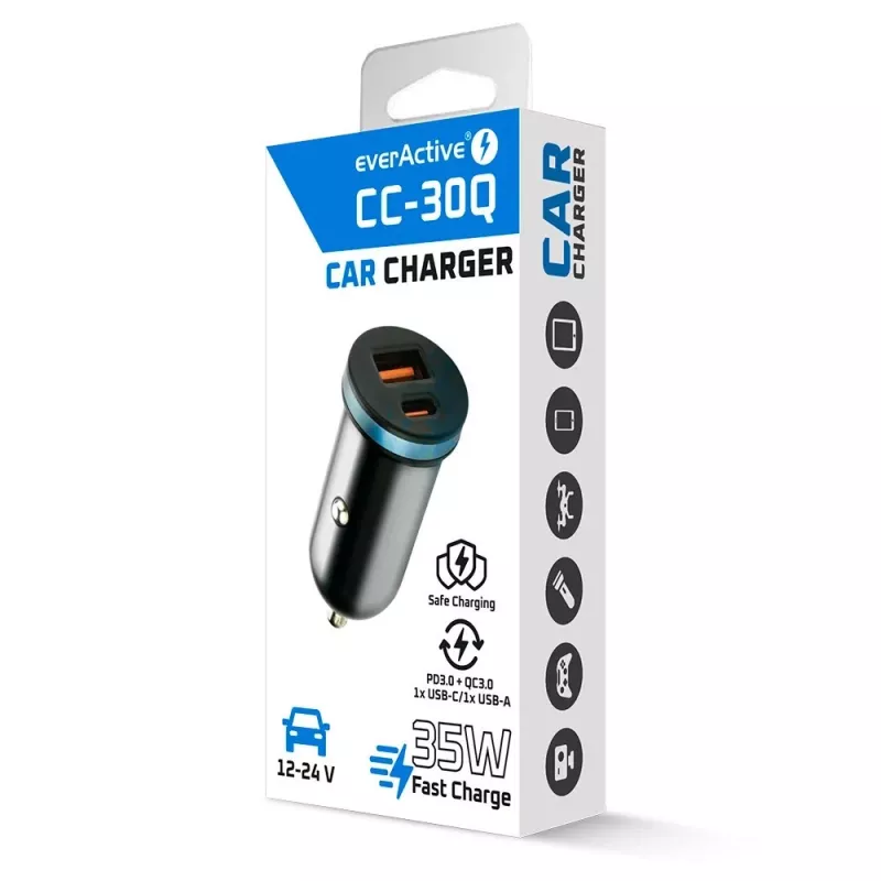 Auto-oplader everActive CC-30Q QC3.0 35W – 1x USB-A, 1x USB-C, snelladen