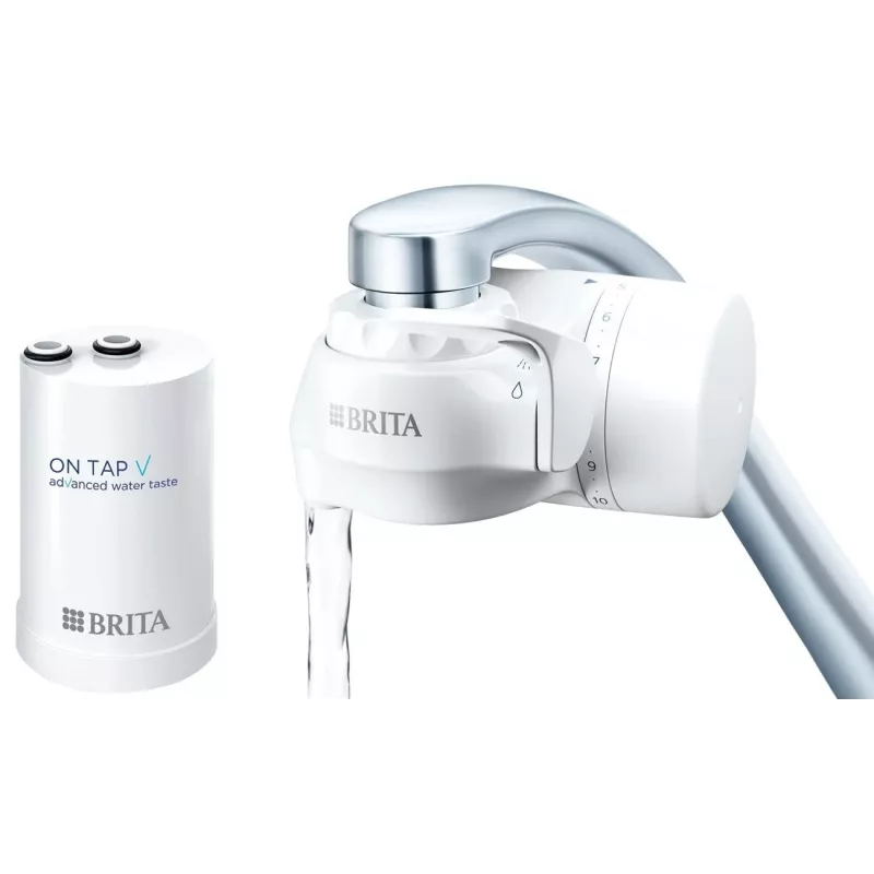 Kraanwaterfilter BRITA ON TAP V CU CE2 (1052067) — 4-traps, 600 L capaciteit, 3 modi, 5 adapters, wit