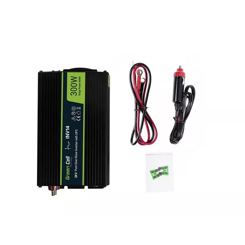 Omvormer Green Cell INV14 300W DC 24V naar 230V met USB, Type-E stopcontact, actieve koeling
