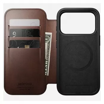 Telefoonhoesje Nomad Modern Leather Folio voor iPhone 17 Pro, leer/aluminium, 16 cm (6,3 inch) bruin, 4 vakken voor kaarten