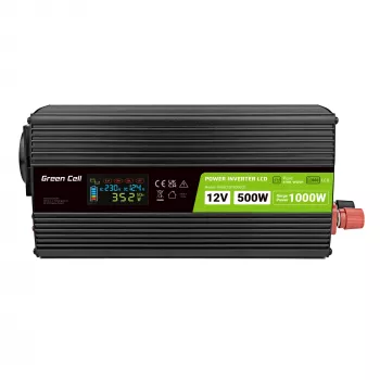 Green Cell spanningsomvormer PowerInverter LCD 12 V 500W/1000W auto-omvormer met display – omvormer/adapter met zuivere sinusgolf auto zwart