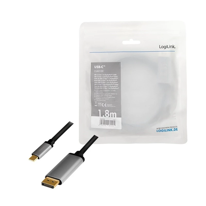 LogiLink CUA0100 kabeladapter DisplayPort USB 3.2 Gen1 Type-C 1,8m zwart grijs